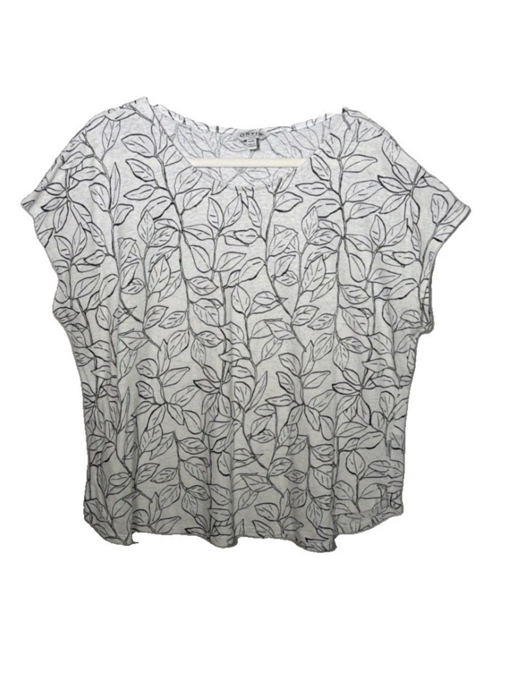 Orvis Classic Top Womens XL White/ Blk Leaf Print Linen Blend T-Shirt Cap Sleeve